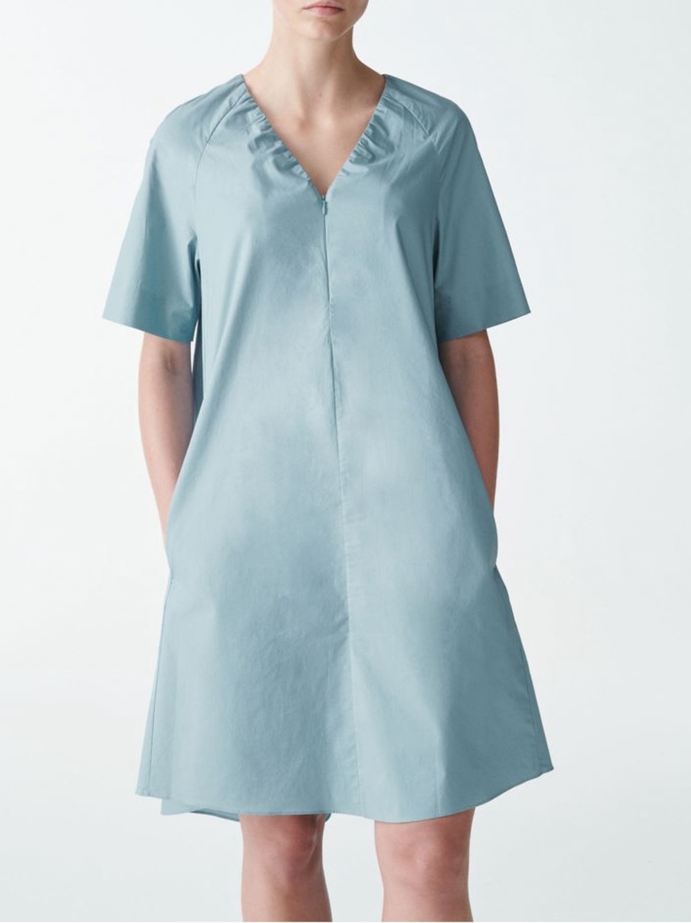 COS light blue V-neck A-Line Shift Cotton Mini Dress Spring Casual EU Size 34